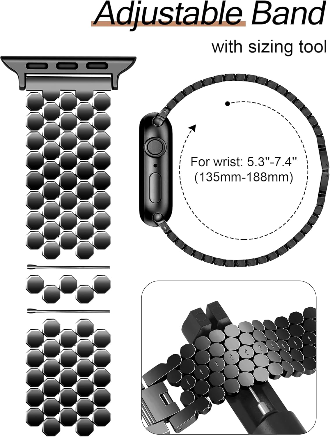JR.DM Black Band Compatible with Apple Watch 38mm 40mm 41mm 42mm(S10/11) for Women Dressy Classy Metal Honeycomb Luxury Elegant Strap Replacement for iWatch Series 11/10/9/8/7/SE/6/5/4/3/2/1 - Image 5