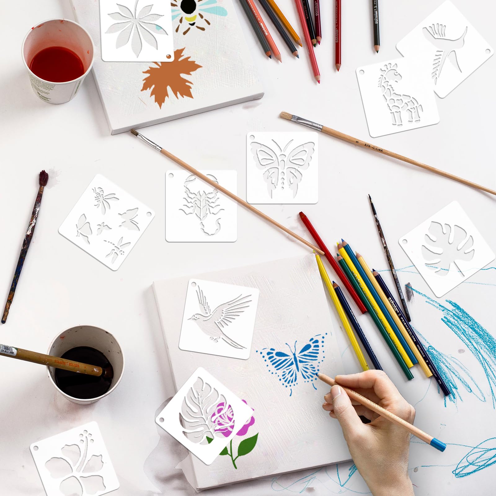 EAPIKON 60 Stück Schablonen Set - Blumen & Vögel Motive 7,62cm Für Malerei & Deko