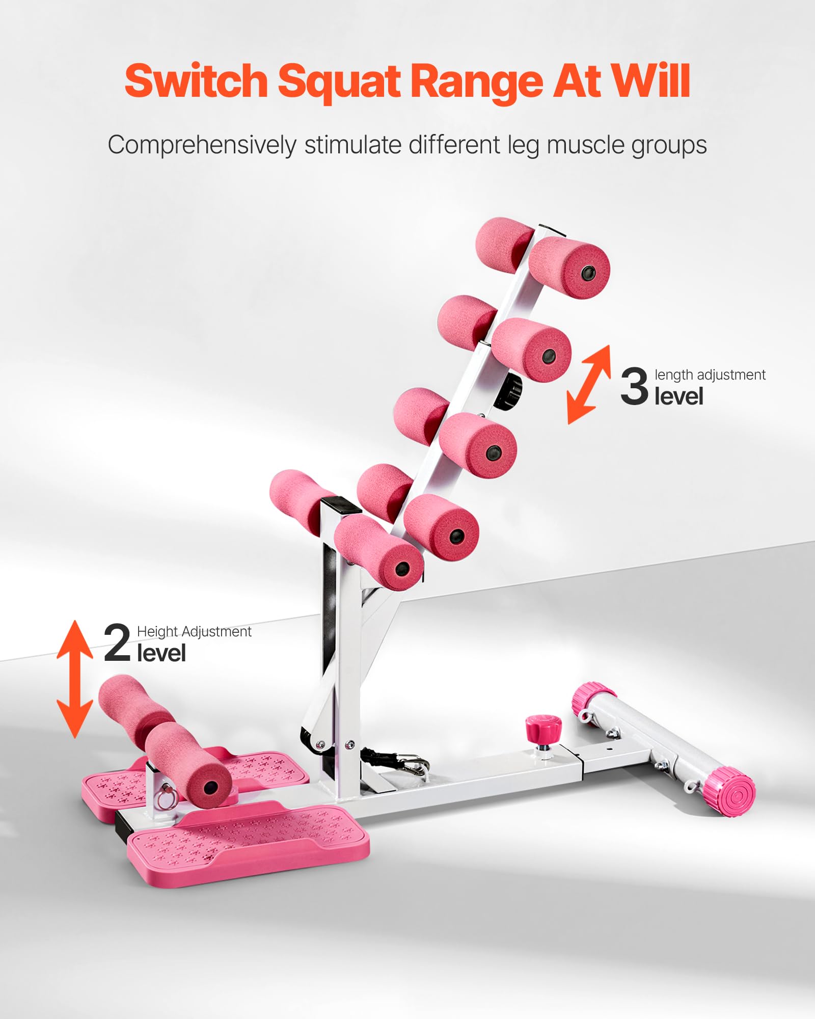 VEVOR Máquina de Sentadillas Profundas Ajustable, con 3 Bandas de Resistencia, Entrenador de Core y Glúteos Plegable, para Gimnasio en Casa, Rosa y Blanco, Carga de 136 kg, 800 x 400 x 760 mm