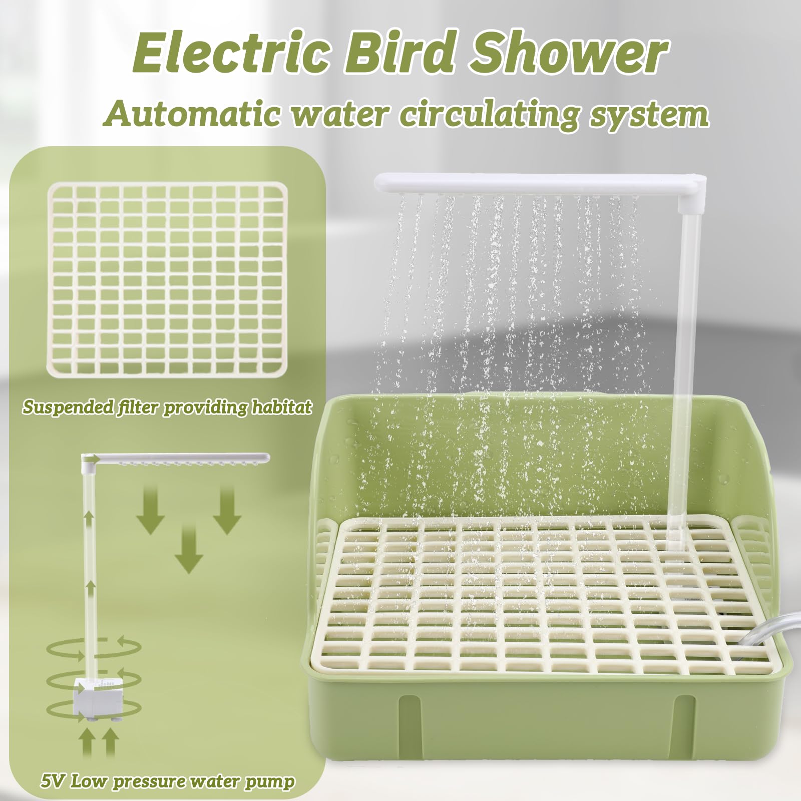 Automatic Bird Bath with Pump, Parrot Bathtub with Anti-Bite Cord Protector, USB Electric Large Bird Bathtub Circulating Water Bird Shower for Parakeet Cockatiel African Grey Lovebird(Green) - image 3