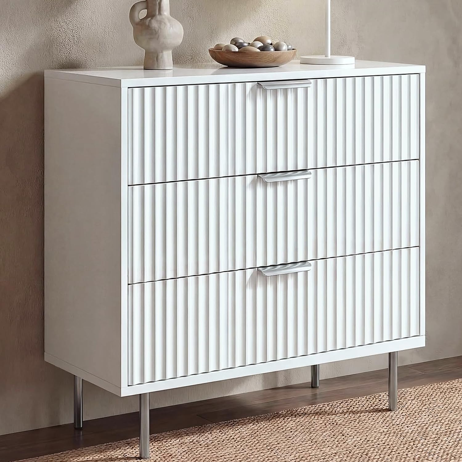 Blisswood Fluted 3 Drawer Chest of Drawers, Painted Bedroom Storage Unit with Metal Handles, Wooden Dresser with Smooth Glide Drawers and Large Top Surface for Bedroom, Living Room & Hallway_White