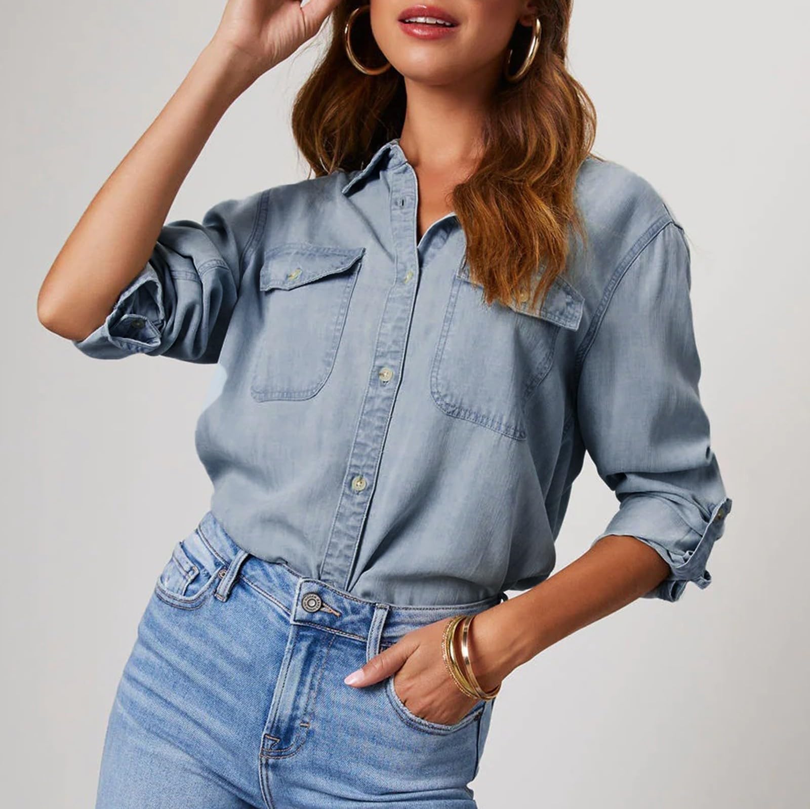 T-shirt à manches longues pour femme, élégant, en coton, pour l'été, oversize, col en V, couleur unie, fermeture avant, chemisier surdimensionné, pour le travail, tunique classique