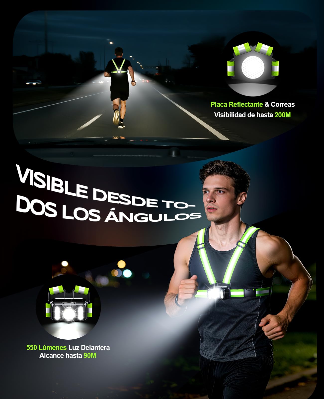 Mohard 550LM Luz Running con Luz Lateral, 7 Modos & Chaleco Reflectante 360°, Impermeable IPX4, Luz para Correr de Noche Ajustable 45° Recargable para Caminar/Ciclismo/Senderismo, Autonomía de 4-25H