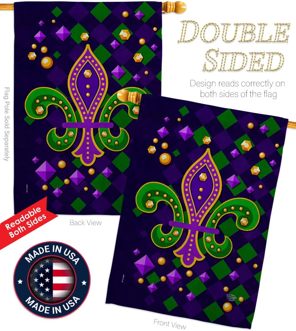 Diamond Fleur de Lis House Flag - Springtime Mardi Gras Carnival Festival Masquerade Celebration Season Holiday French - Decoration Banner Small Garden Yard Gift Double-Sided Made In USA 28 X 40