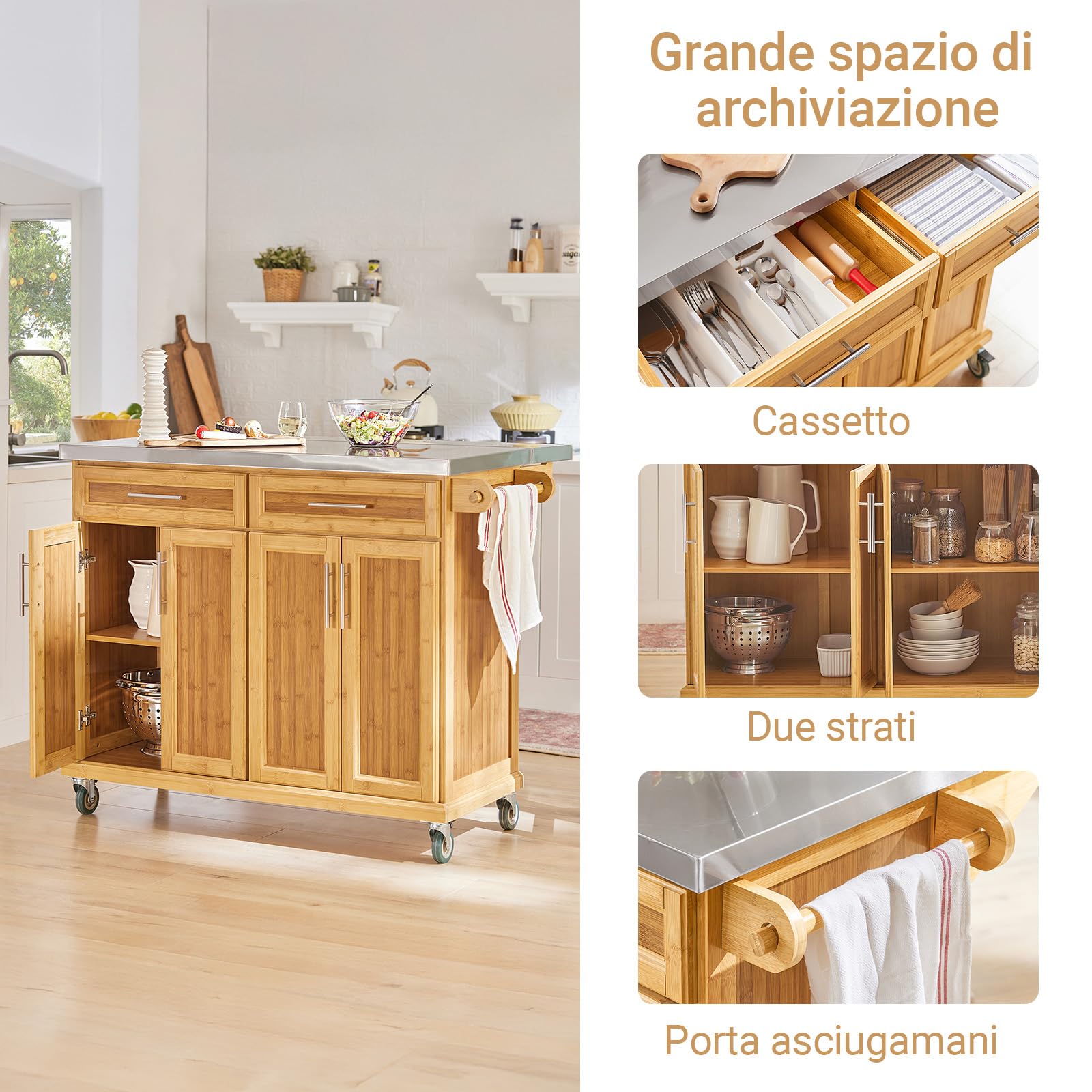 SoBuy Carrello Cucina con Ruote Isola Cucina con Piano di Lavoro Estensibile, 2 Cassetti e Ripiani Regolabili Mobile Salvaspazio per Mobili da Cucina Naturale 115 x (46-71) x 92 cm FKW69-N