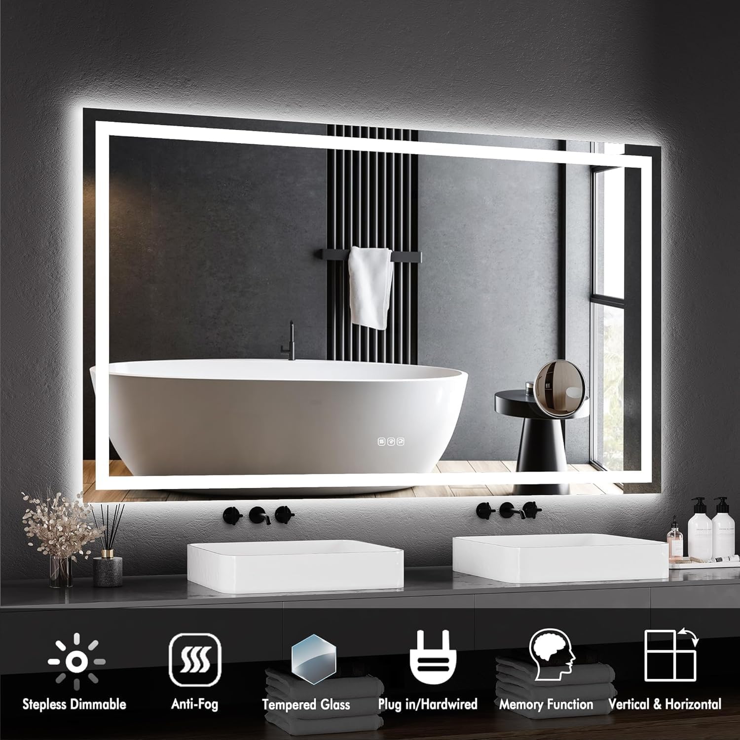 60 x 36 Inch Smart LED Bathroom Mirror，Dimmable Front + Backlit Illumination with Anti-Fog & Memory Function，Shatter-Resistant Design for Horizontal or Vertical Mounting