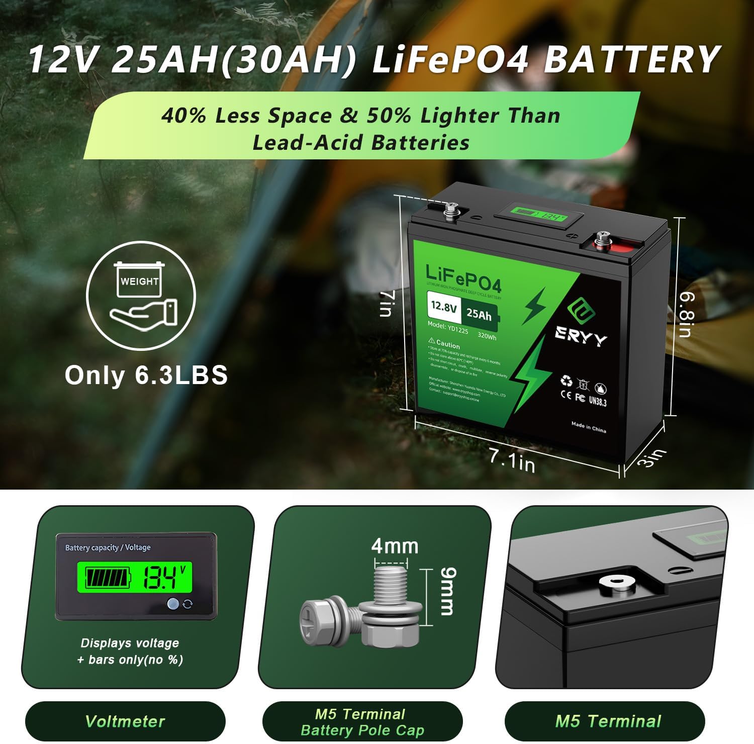 LiFePO4 Lithium Battery 12V 25AH(30Ah) 384Wh, Built-in 30A BMS & LCD Voltmeter, 5000+ Deep Cycles Rechargeable Lithium Iron Phosphate Battery Perfect for RVs, Trolling Motor, Camping Gear, Solar