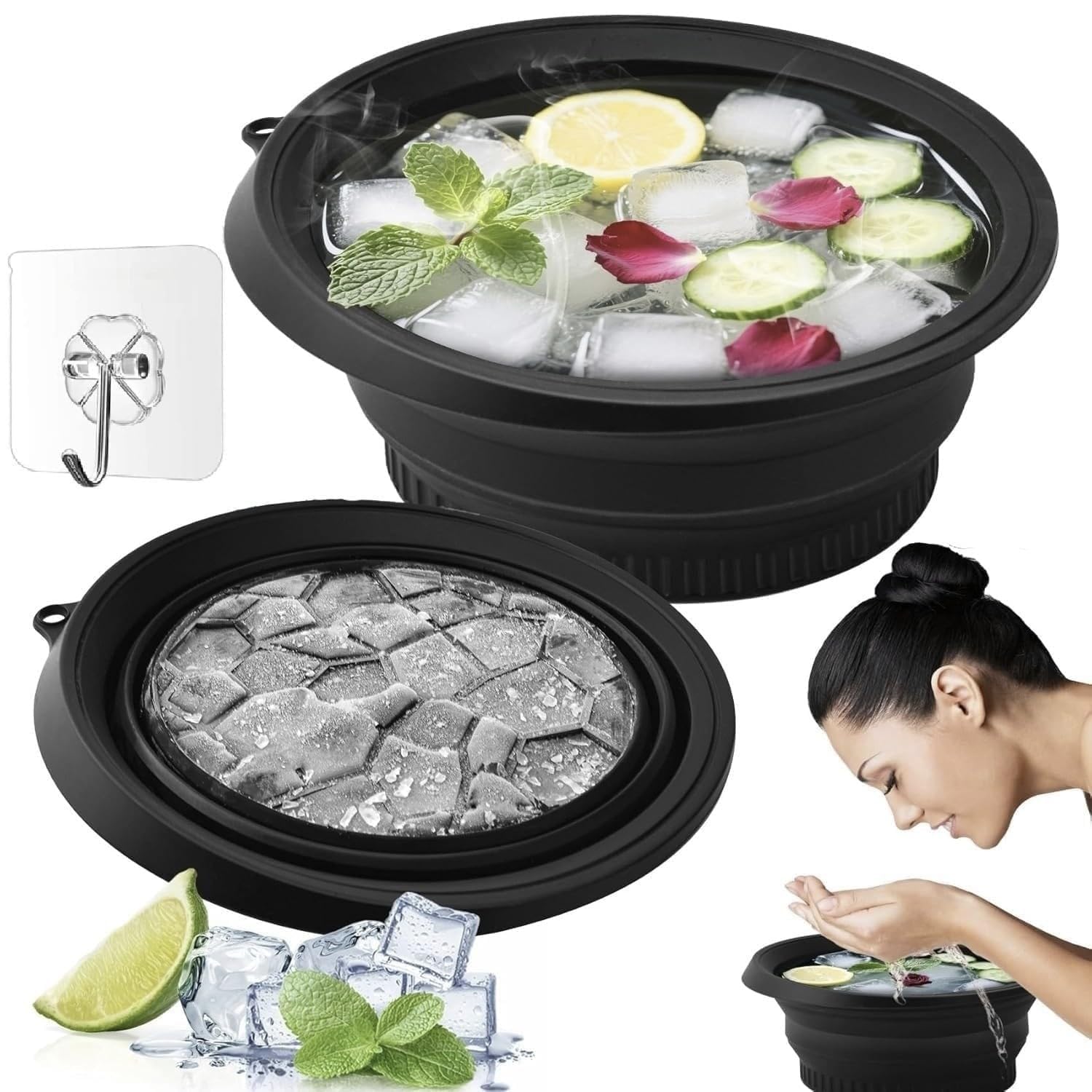 (1 pic Hook) with Silicone Face Bowl for Ice with Built-in Icetray, Collapsible Face Tub for Ice Bath, Facial Ice Plunge Bowl, Ice Water Facials at Home Black-picture-45