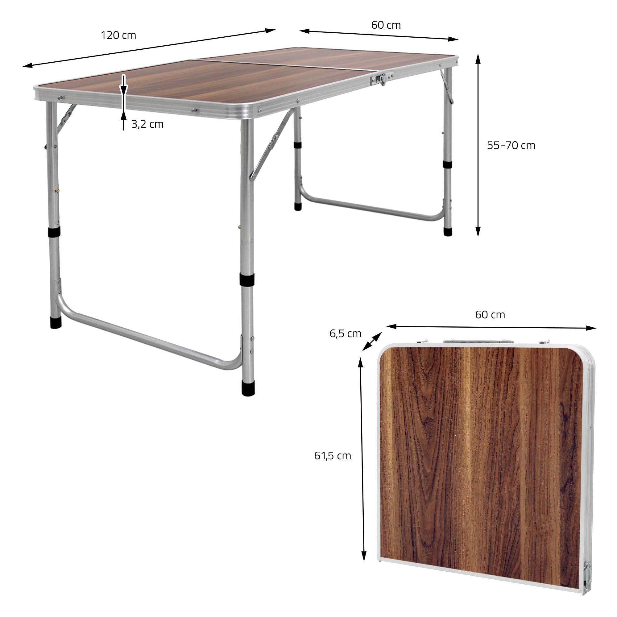ECD Germany Table Pliante Transportable de Camping - 120 x 60 x 55/63/70 cm - Hauteur Réglable - en Aluminium et MDF - Marron - Table de Camping Jardin Barbecue Travail - Table pour Extérieur