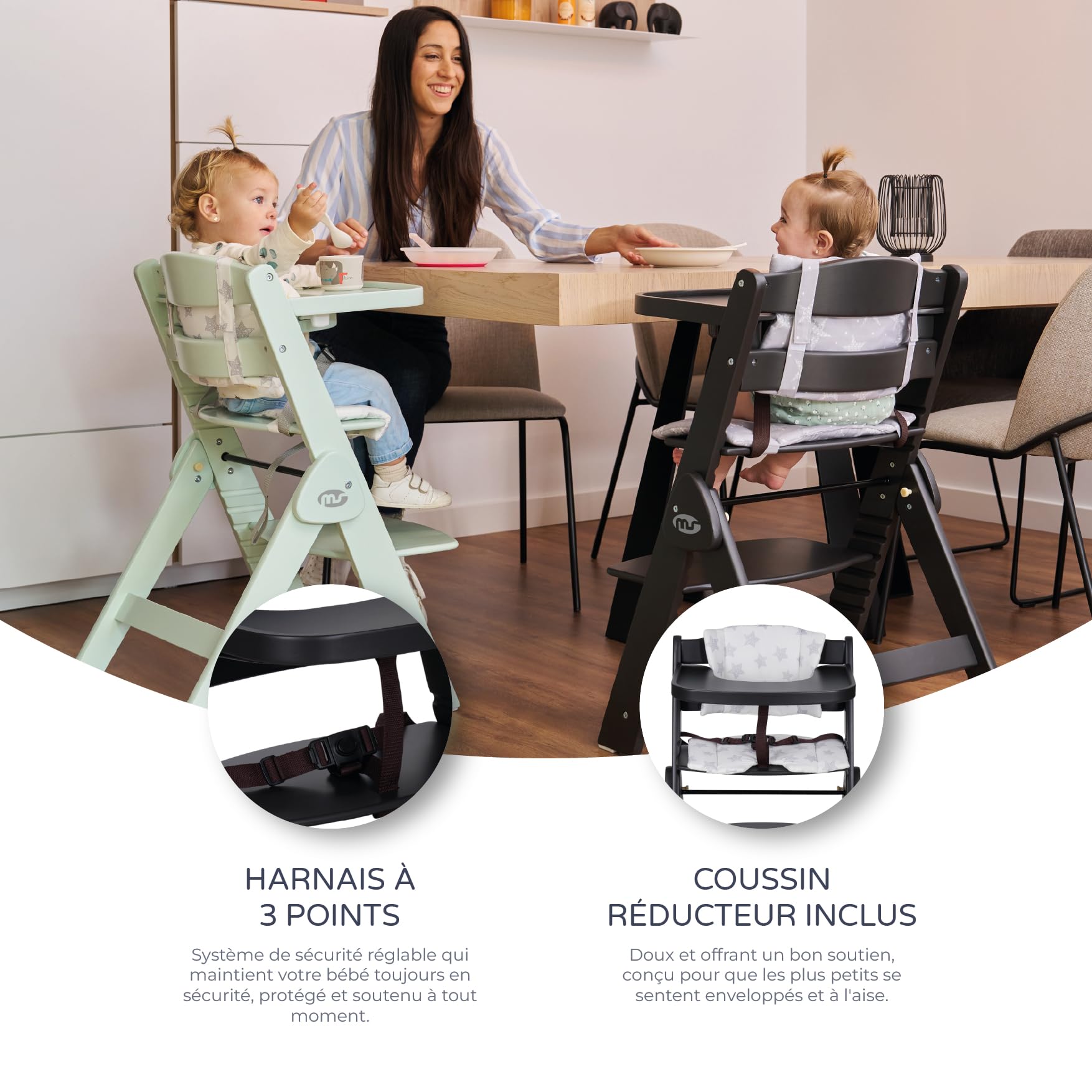 ms Chaise haute pour bébé en bois pliable – évolutive – Chaise haute, ergonomique, réglable, sécurisée, noir/blanc