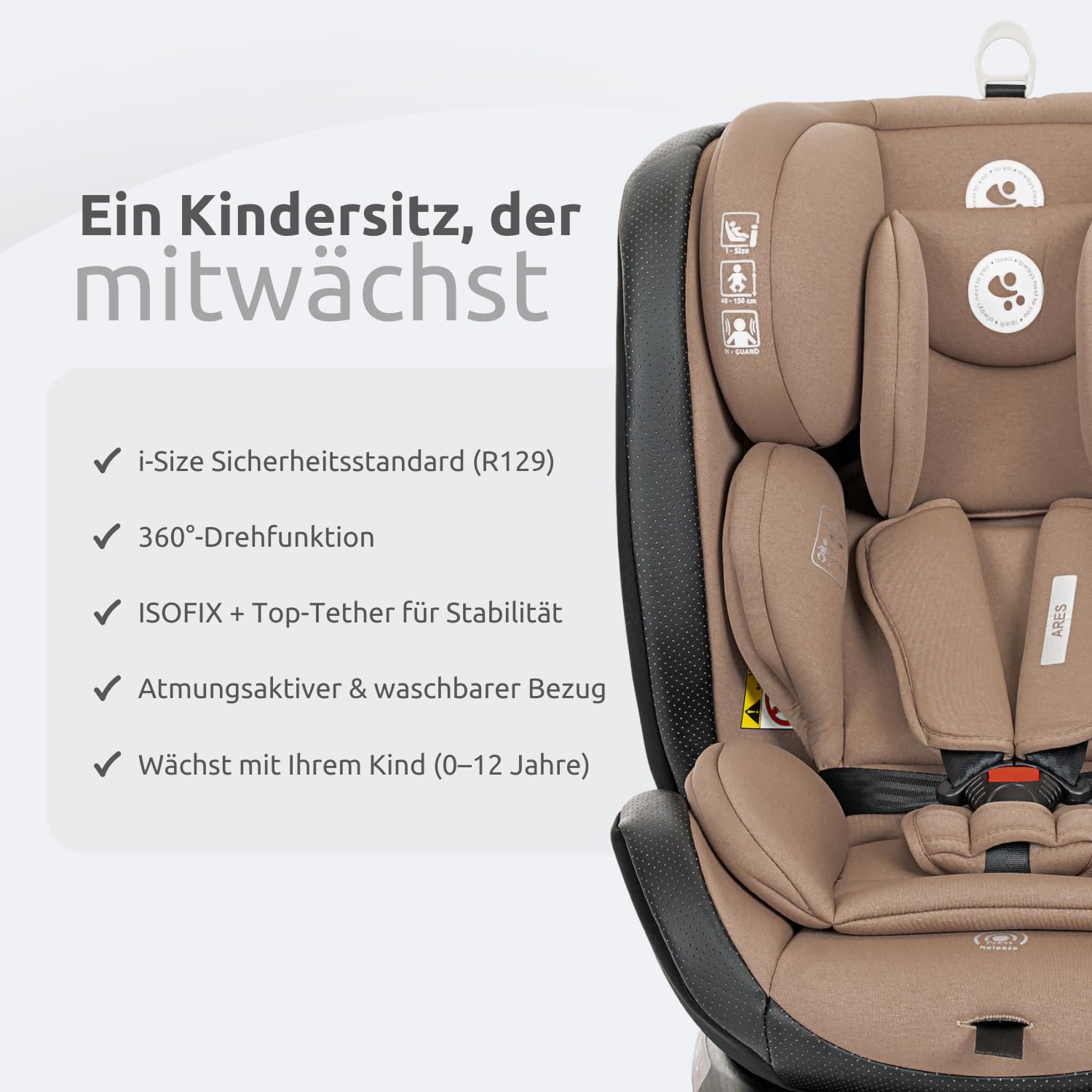 Lorelli Samochodowy fotelik dziecięcy Ares z Isofix, obracany o 360 stopni, (0-36 kg), rosnący wraz z dzieckiem i-Size 40-150 cm – grupa 0+/1/2/3, fotelik dziecięcy od urodzenia, 5-punktowy pasek,