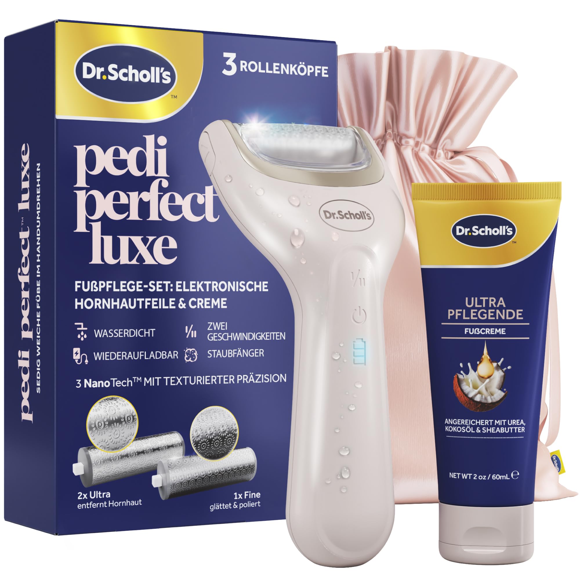 Dr. Scholl’s Pedi Perfect Luxe Wasserdichter, Wiederaufladbarer, Elektrischer Fußhornhautentferner mit x3 Rollenköpfen – Entfernt harte Haut für weiche schöne Füße, 90 Minuten Laufzeit,