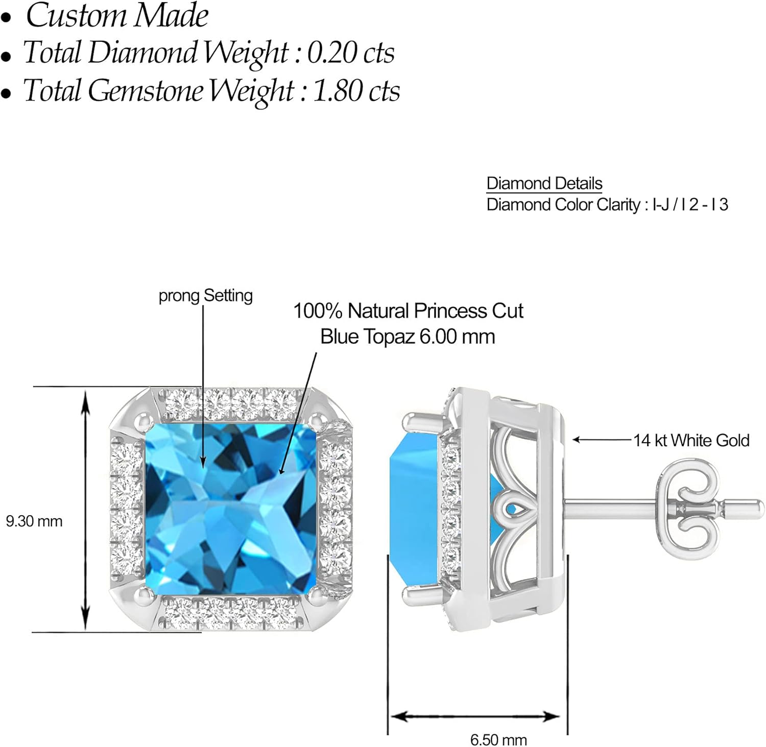 Inspereza Princess Cut Gemstone and Round Diamond Halo Stud Earrings in 14kt Gold (6 MM gemstone)