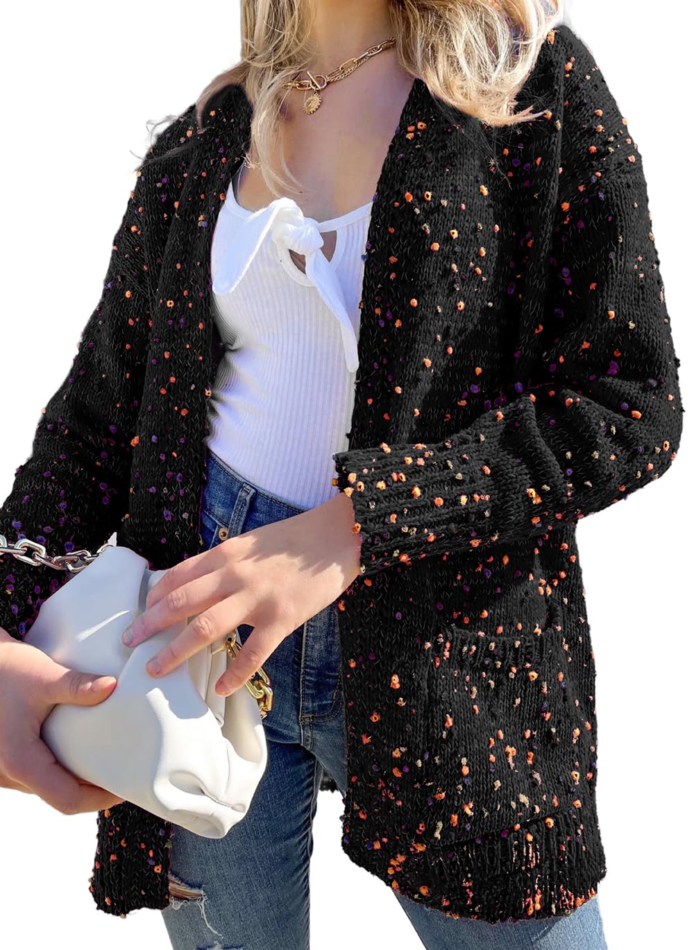 SELINK Womens Cardigan Sweater Casual Confetti Rib Knit Long Sleeve Cardigan Daily Outwear