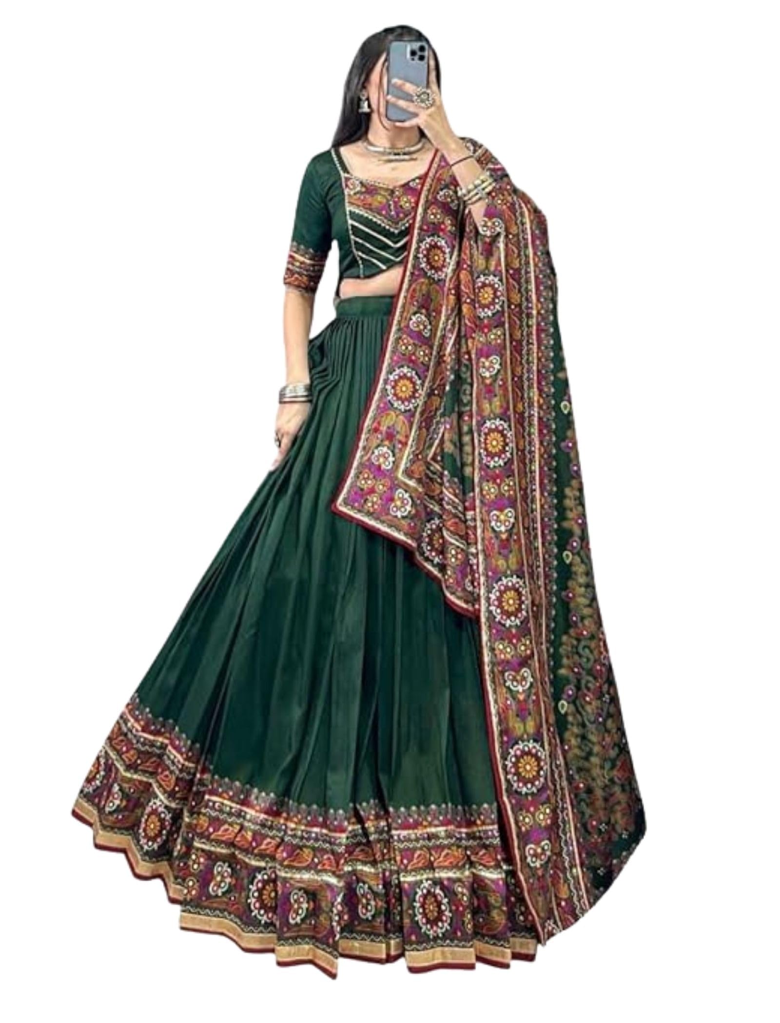 dream crushers Women's Tussar Silk Blend Leheriya Semi Stitched Lehenga Choli Set with Patola Print Half Sleeves Round Neck and Solid Pattern-picture-20