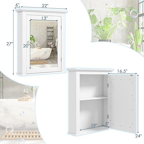 Miniatura 3 de COSTWAY Botiquín de baño con espejo, organizador de armario de almacenamiento montado en la pared con estante ajustable de 5 posiciones, gabinete de