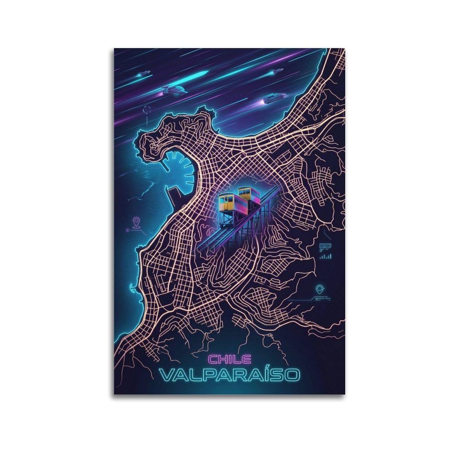 XKUGA Valparaiso Chile City Map Poster Neon Skyline Art Modern Decorative Canvas Prints - Ideal Wall Art for Family, Man Cave, Game Room, Boys & Girls Bedroom 24x36inch(60x90cm)
