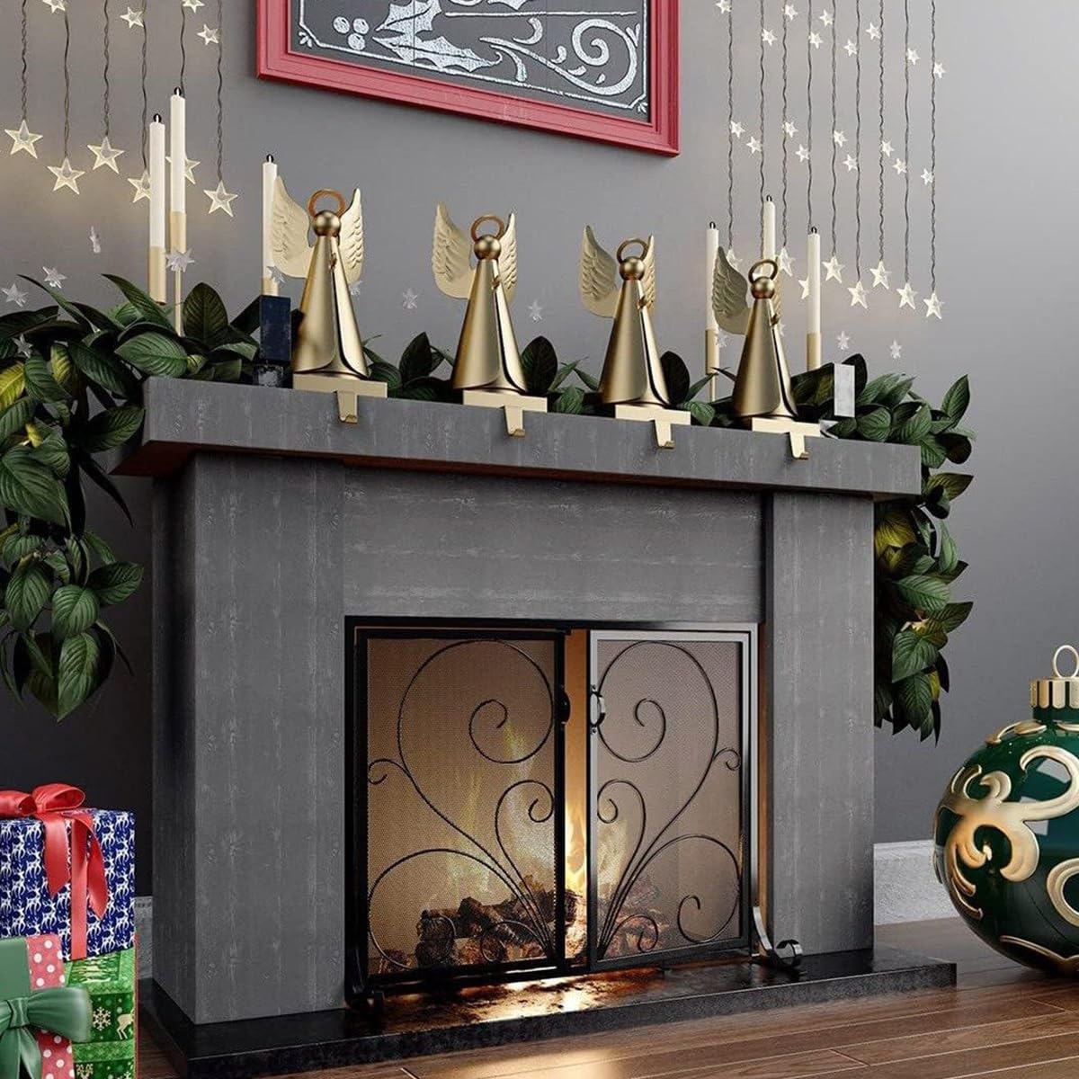 Protector Chimenea Plano con Puertas De Hierro Forjado, Malla Metálica Salvachispas Chimenea, Pantalla Decorativa con Diseño De Rollos para Chimeneas De Hogar