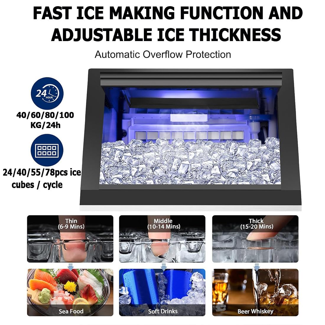 Macchina per Ghiaccio Elettrica,40/60/80/100kg/24h 100kg/24H | Macchina per Ghiacciotavolo Commerciale Fabbricatore Ghiaccio Con Schermo Lcd,Per Casa/Ufficio/Ristorante/Bar/Caffetteria