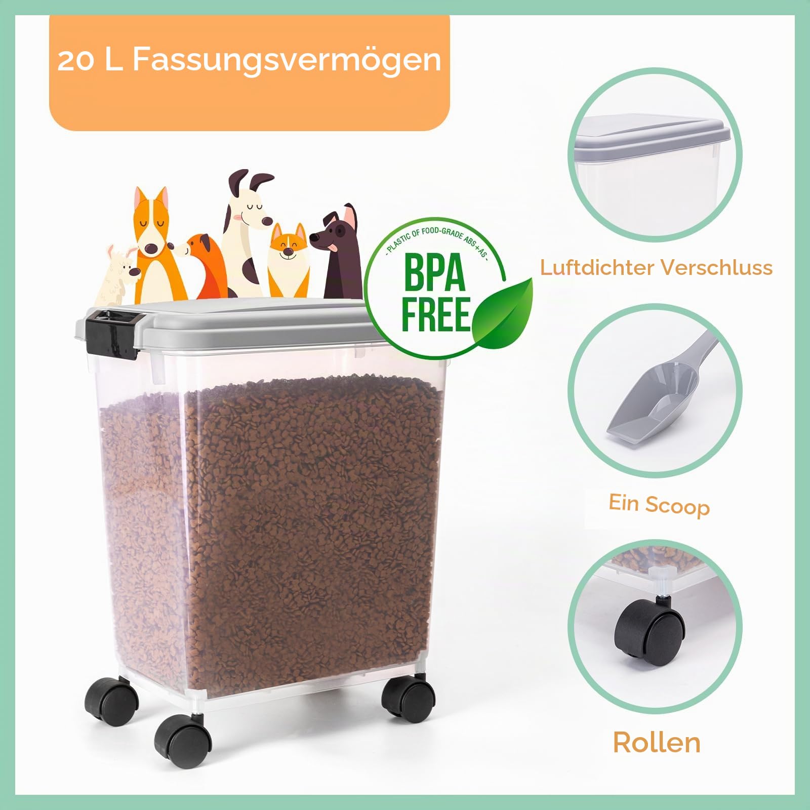 Nobleza - Futterbehälter für Haustiere, 20 L, für Haustiere, Lebensmittelbox mit Rädern, Klappdeckel, Luftdicht, Transparent, Rollen und Schaufel, für Hunde und Katzen, Grau