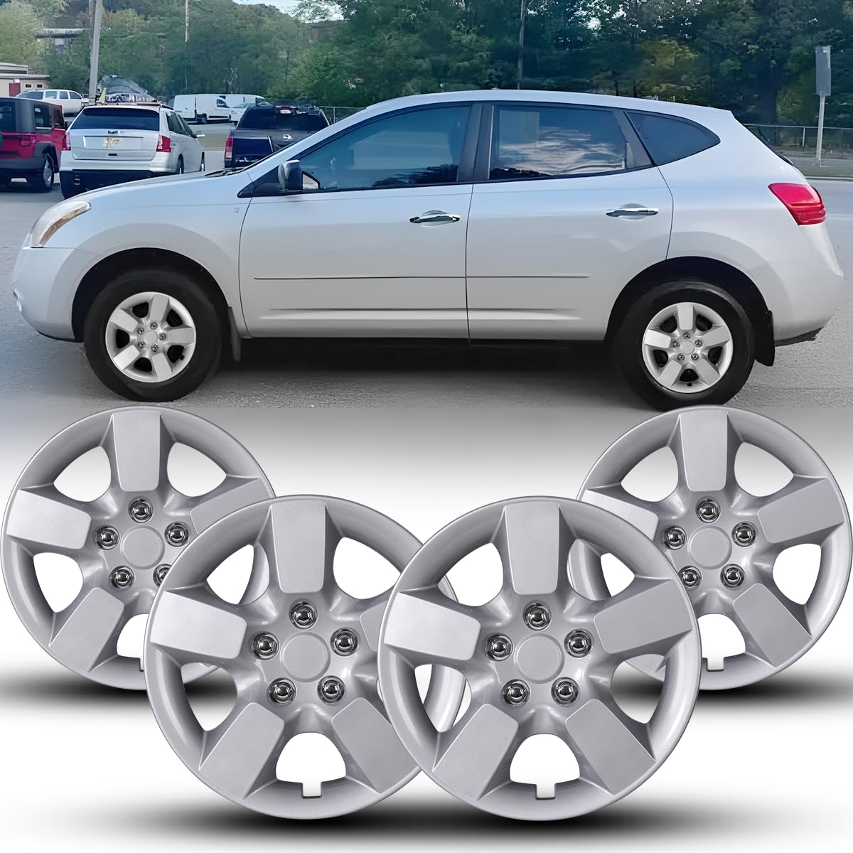 Winjet 16" Hubcaps for 2008 2009 2010 2011 2012 2013 2014 2015 Nissan Rogue Wheel Rim Covers, [Only Fit Iron Hub &amp; Steel Wheel] Heavy Duty PP Material Snap On Installation (16 Inch Set of 4, Lacquer)