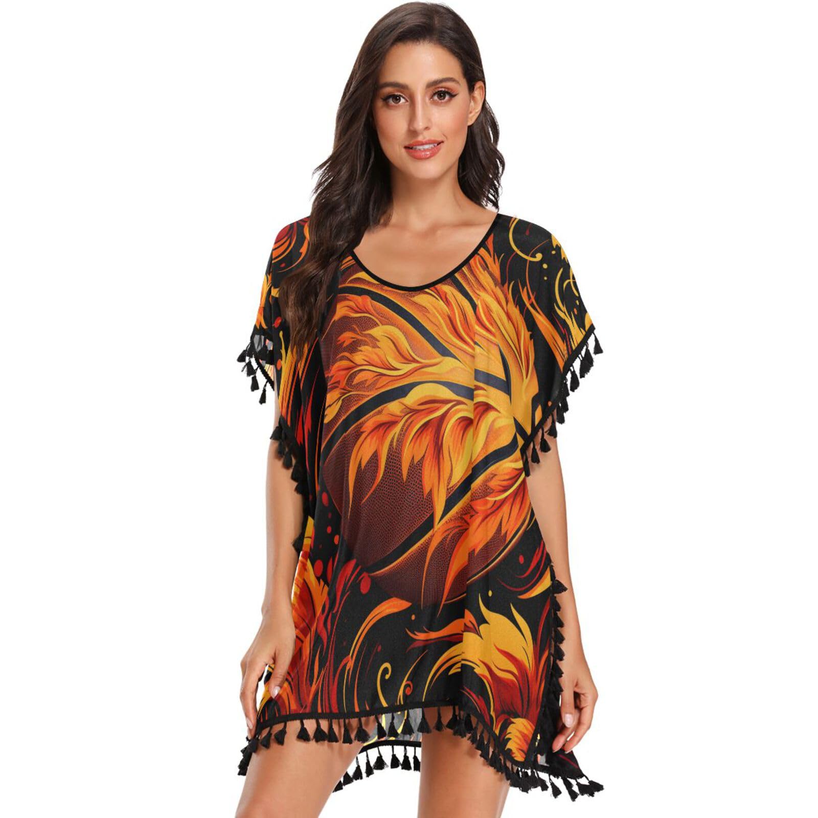 Watercolor Fire Basketball Art Women's Beach Cover Up Chiffon Tassel Swimwear Swimsuit Coverups for Girl