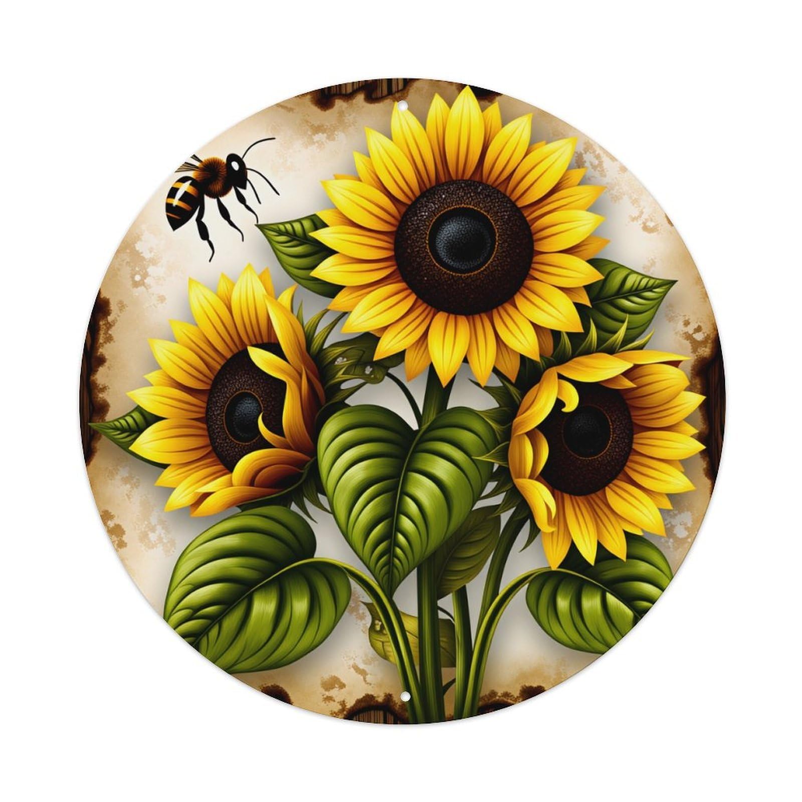 Sunflower Bee Nature Art Print Round Tin Sign Vintage Metal Poster Retro Bar, Home, Man Cave, Kitchen, Laundry Room Wall Art Decor Gift 8x8Inch