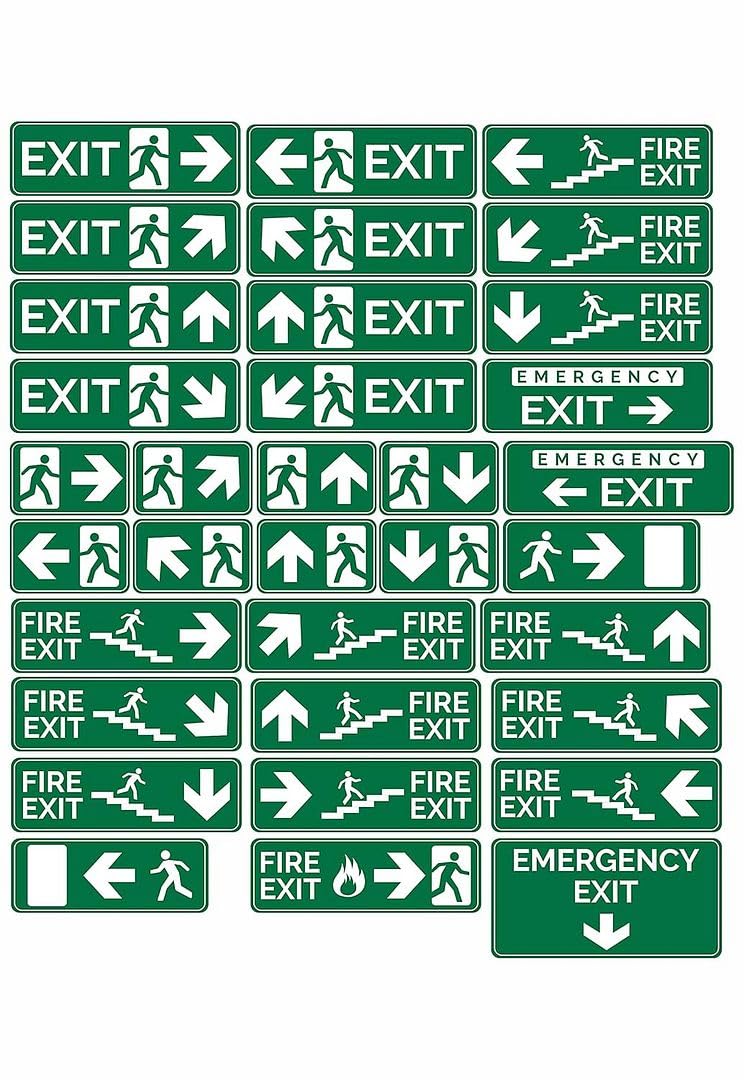 CVANU FIRE EXIT - Safety Sign Board With Running Man With Arrow (Up Down Right Left symbol), EMERGENCY EXIT Sticker With Safety Message-Green colour