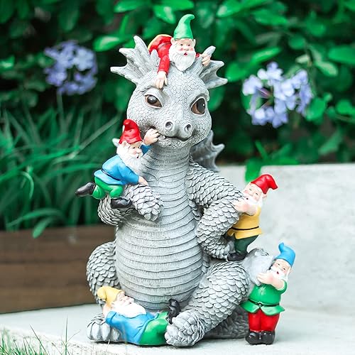 Miniatura 2 de Estatuas de gnomo de dragón para decoración al aire libre, juego de dinosaurios de 13 pulgadas con gnomos, estatua de jardín para decoración de