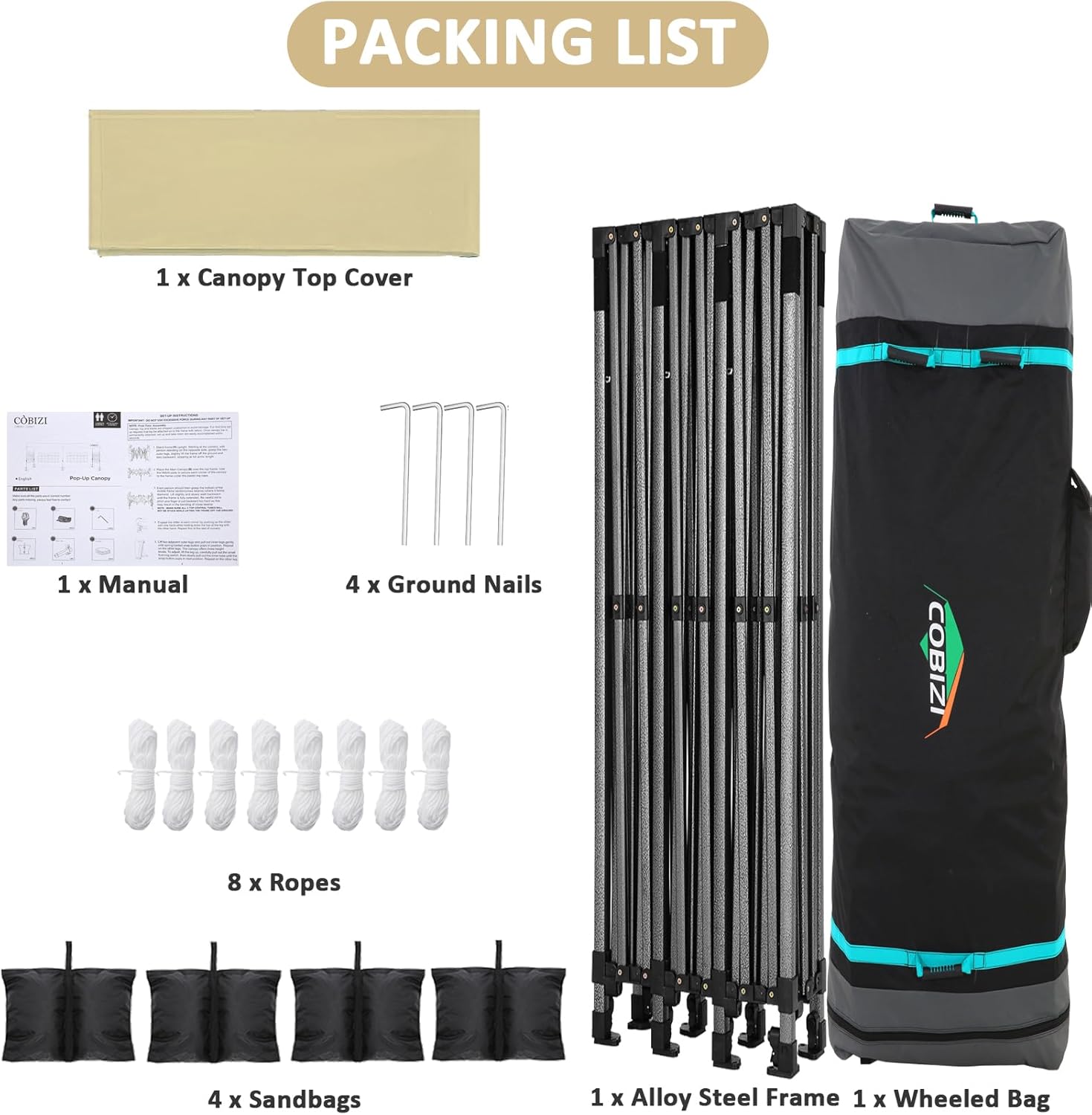 Step-by-step visual guide for setting up the COBIZI 10x30 Pop Up Canopy