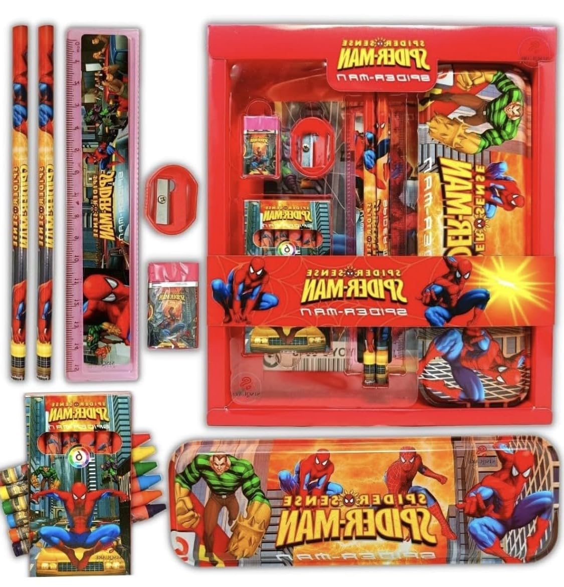 VIKNIK 12 Pc Super-Hero Spiderman Theme Stationery Kit Set Kids School Supplies | 1 Metal Pencil Box 2 Pencils 1 Eraser Sharpener Ruler Scale and 6 Crayon Colors Stationery Kit Multicolor (B0D5MNSCB1) Amazon Price History, Amazon Price Tracker