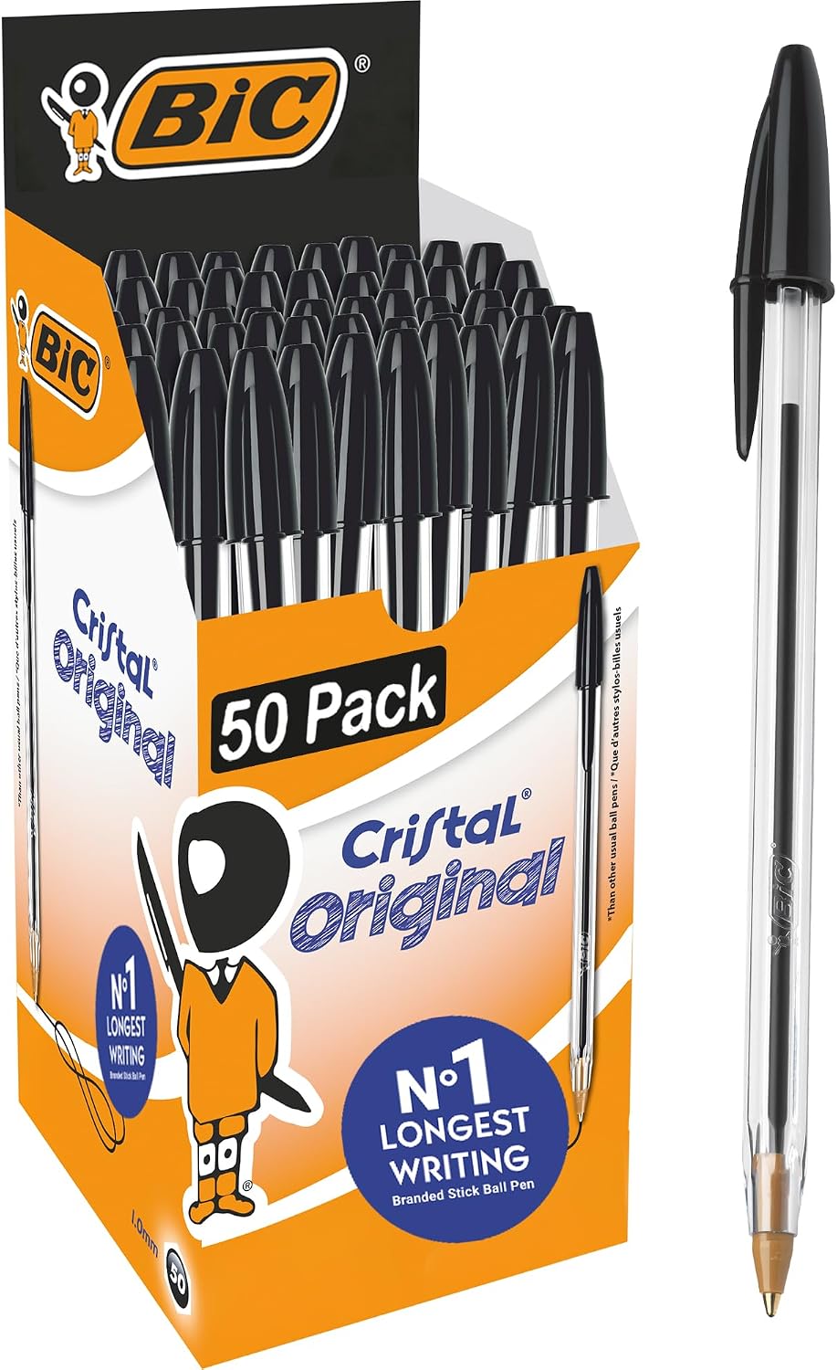 BIC Cristal Original Smudge Free Ballpoint Pens, Ideal for School, Black, Medium Point (1.0mm), Pack of 50