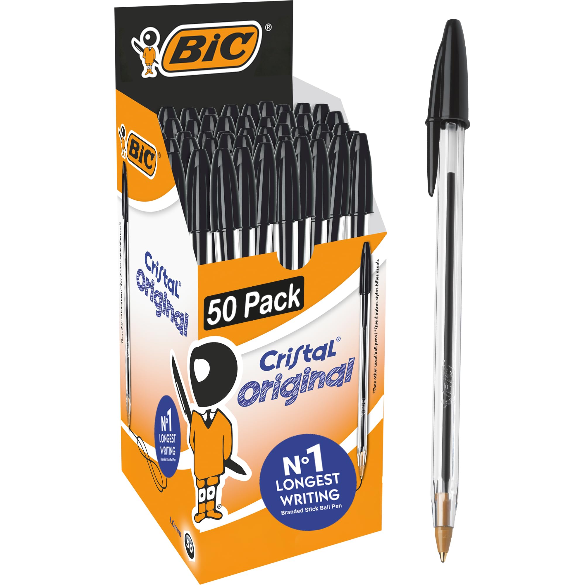 BIC Cristal Original Smudge Free Ballpoint Pens, Ideal for School, Black, Medium Point (1.0mm), Pack of 50