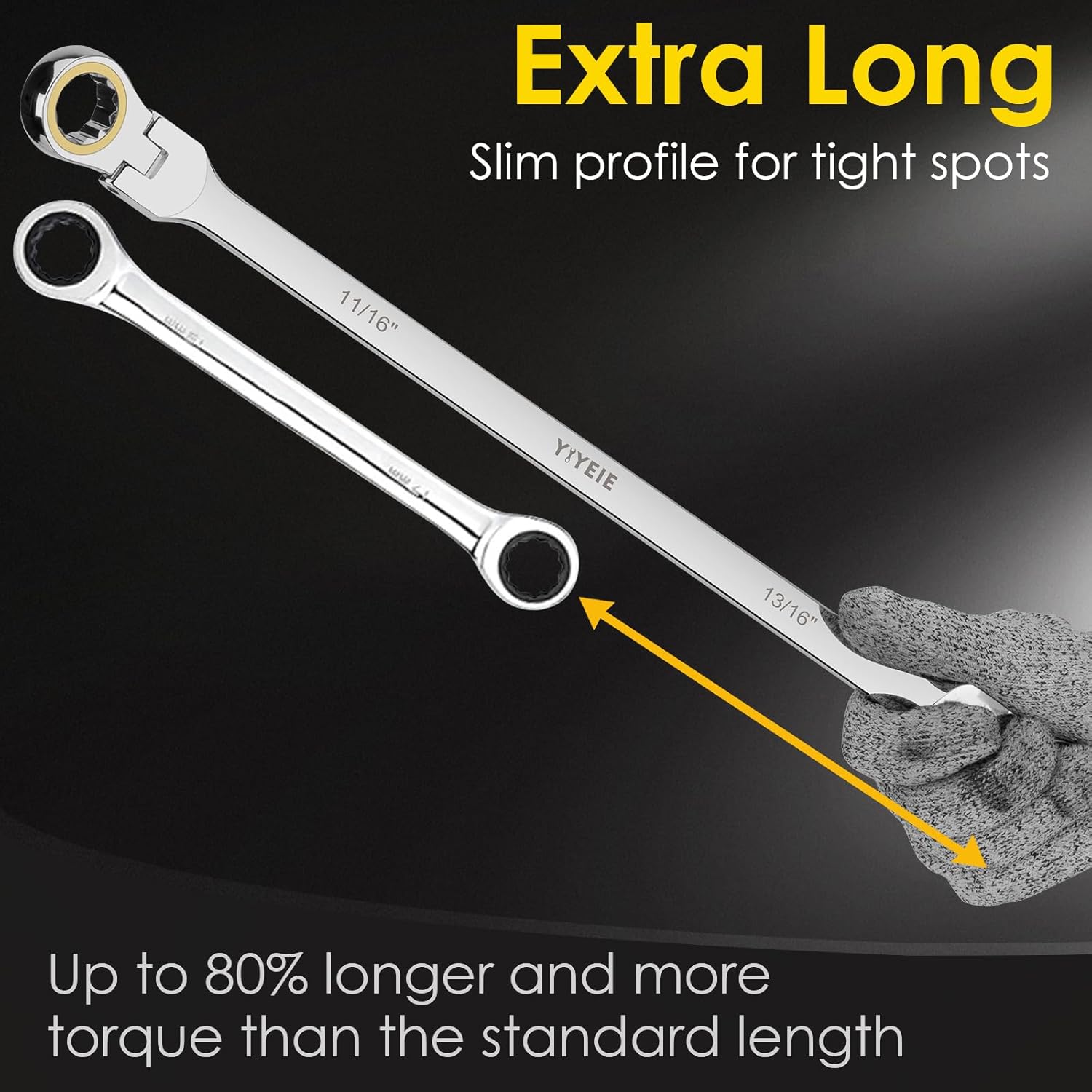 Extra Long Flex-Head Ratcheting Wrench Set, SAE 1/4" to 13/16", 5 Pcs Double Box End Long Handle Ratchet Wrenches, 72-Teeth, CR-V Labor-Saving Aviation Spanner with Pouch, Extra Torque for Tight Bolts