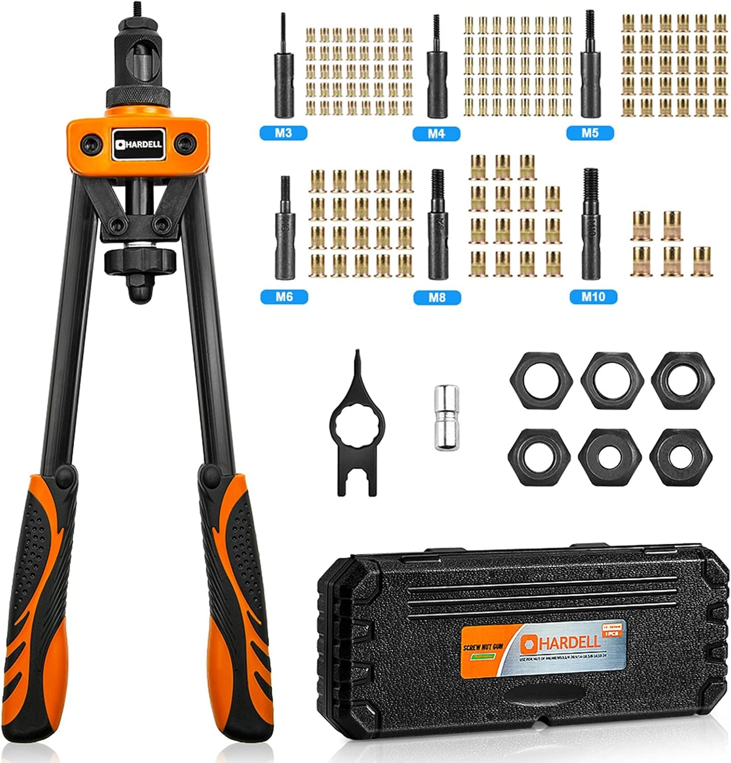 HARDELL Riveter Nuts, 14" Manual Riveter with 150pcs Riveter Nuts, and 6 Interchangeable Mandrels M3 M4 M5 M6 M8 M10, Orange