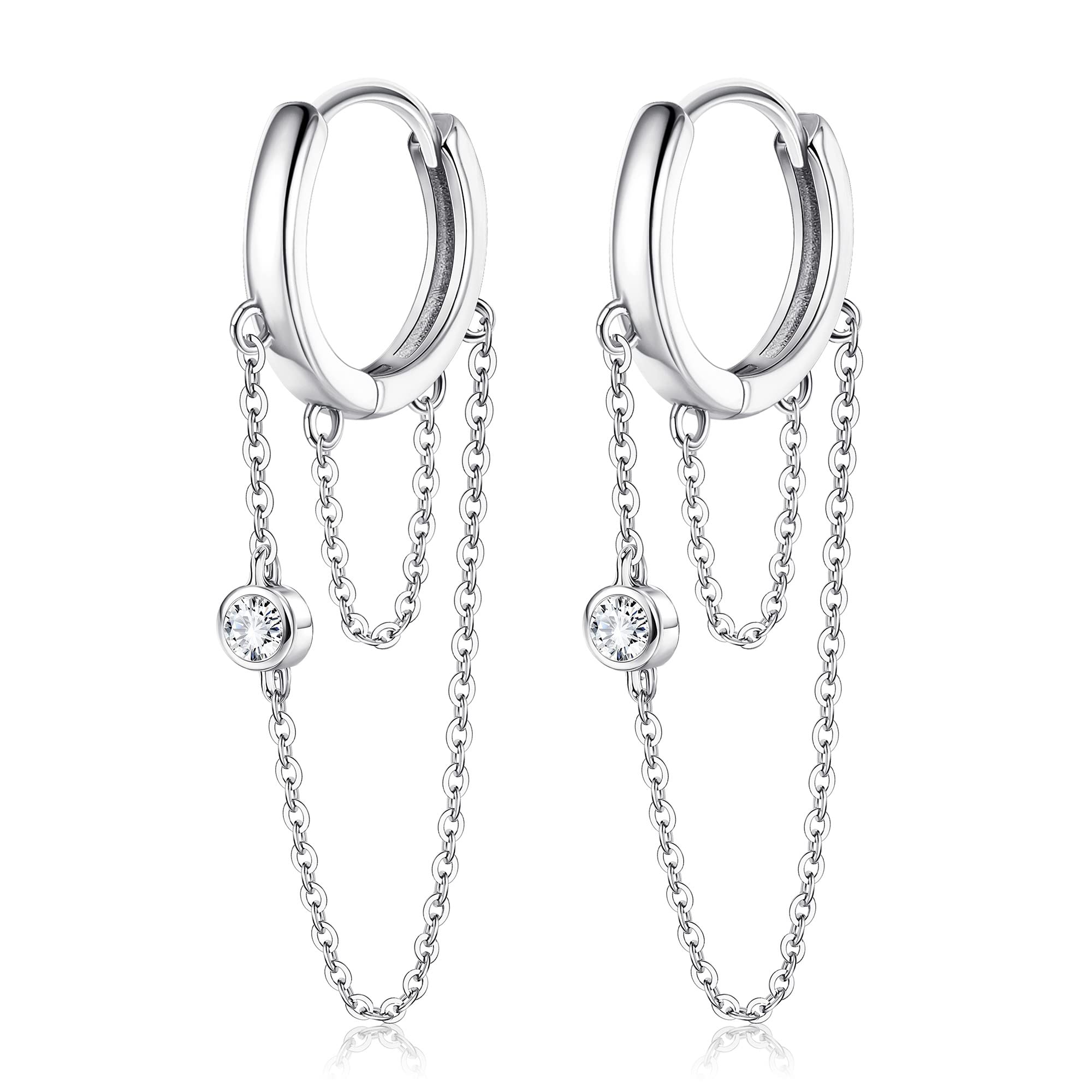 ORAZIO Pendientes Aro de Plata de Ley 925 con Cadena para Mujer Niña con Circonita Cúbica, Pendientes Aro Colgantes con Cadena Aretes Huggie Helix Cartílago, Pendientes Colgantes de Borla Threader