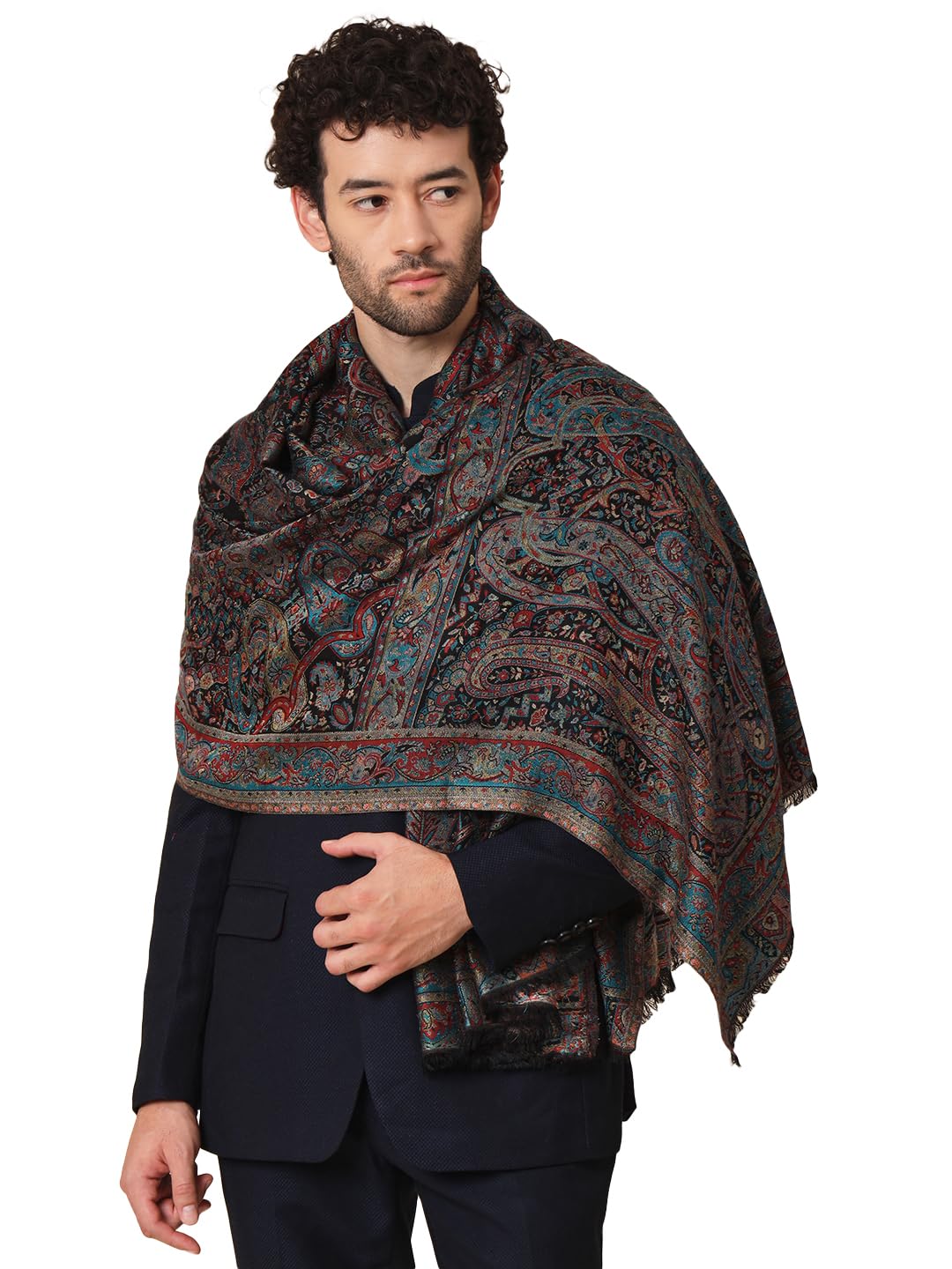 zamour Woollen Kani Weave Zari Silky Shawl for Men, Soft Feel Light Bamboo Cloth Traditional Kashmiri Floral Lohi for Winter (Black)-picture-30