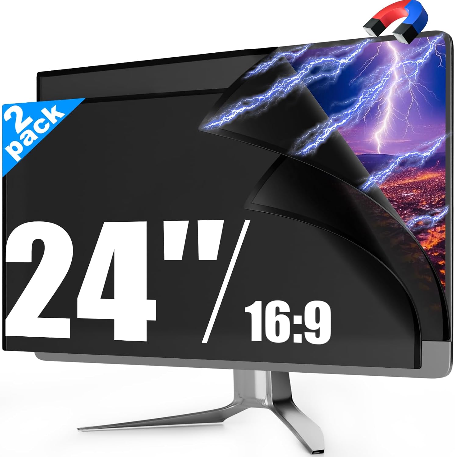2 Pack Magnetic 24 Inch Monitor Privacy Screen Filter for Frameless Computer 16:9 Aspect Ratio, Reversible Eye Protection Anti Blue Light Glare Shield, Removable Anti Spy Blackout Desktop Protector