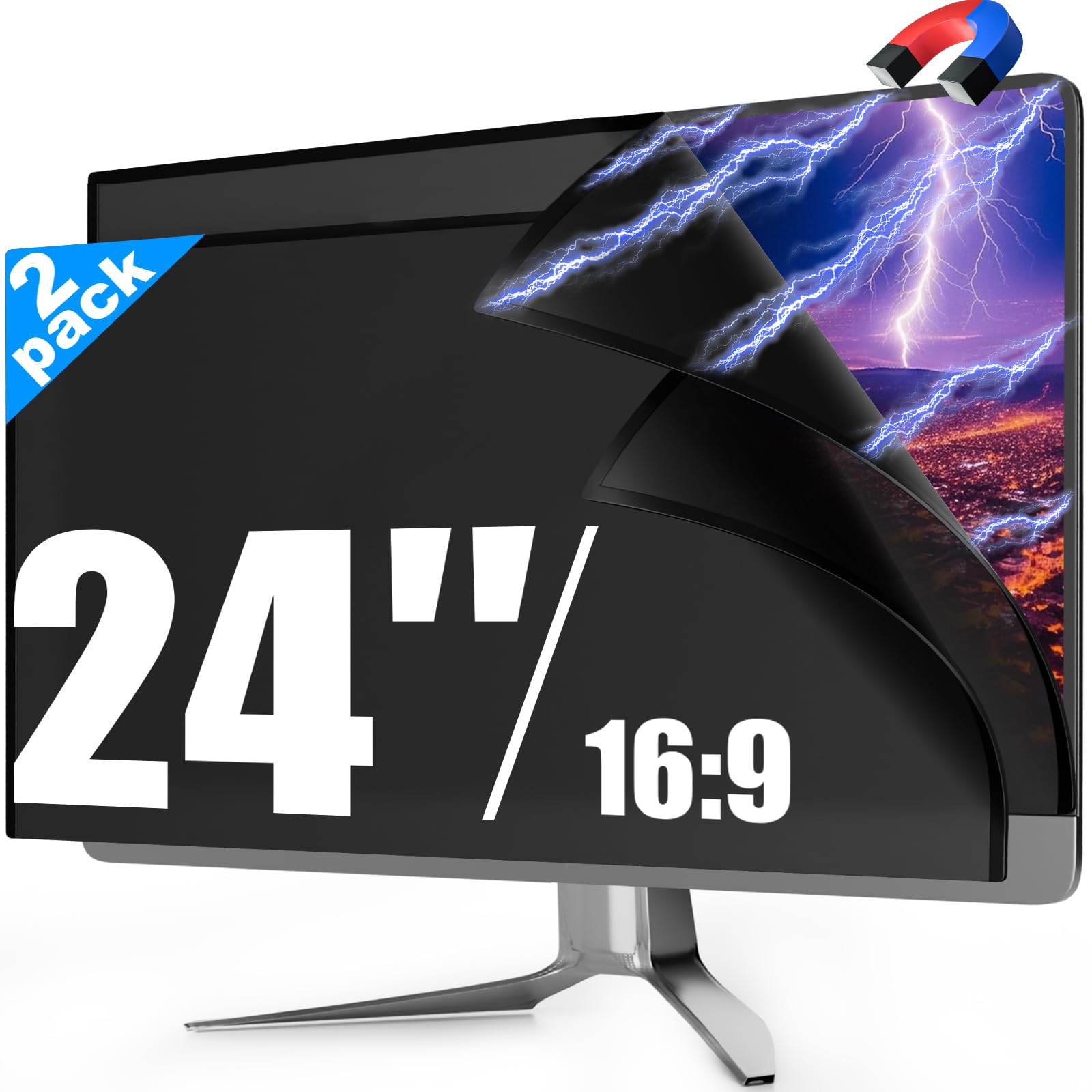2 Pack Magnetic 24 Inch Monitor Privacy Screen Filter for Frameless Computer 16:9 Aspect Ratio, Reversible Eye Protection Anti Blue Light Glare Shield, Removable Anti Spy Blackout Desktop Protector