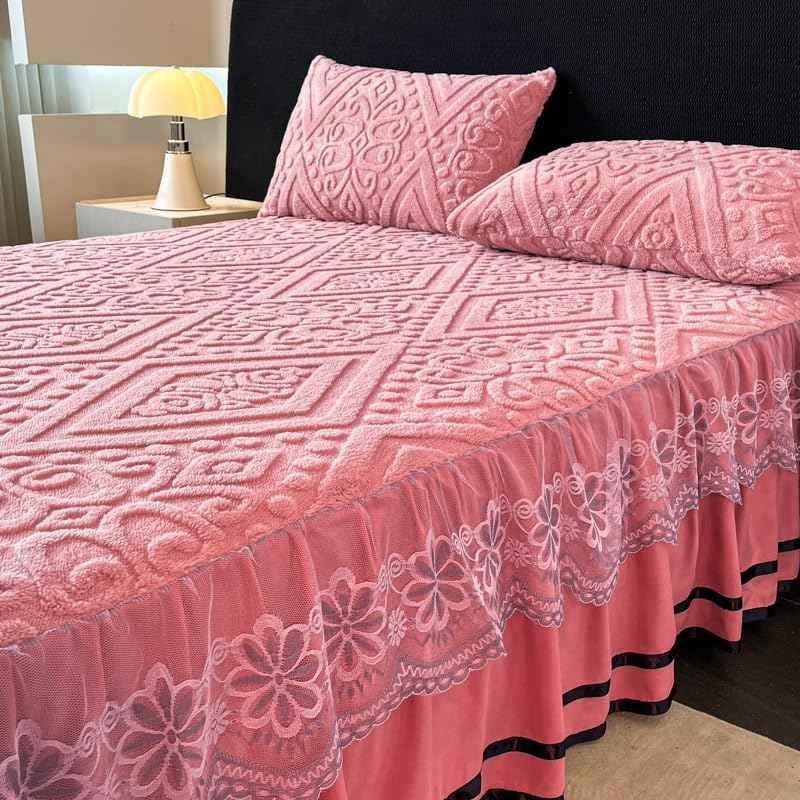 Velvet Quilted Bedspread Set with Embroidered Lace Ruffle - Floral Pattern 3-Piece All-Season Bedding Includes Bed Cover And 2 Pillowcases, Lightweight Breathable Home Decor (rose red,Super King)