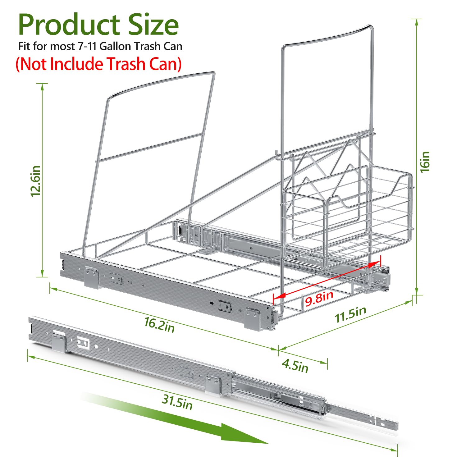 LIONONLY Pull Out Trash Can Rack Under Cabinet, Under Sink Trash Can for 7-11 Gallon Trash Bin, Under Cabinet Trash Garbage Pull Out Kit w/Garbage Bag Holder(Not Include Can)