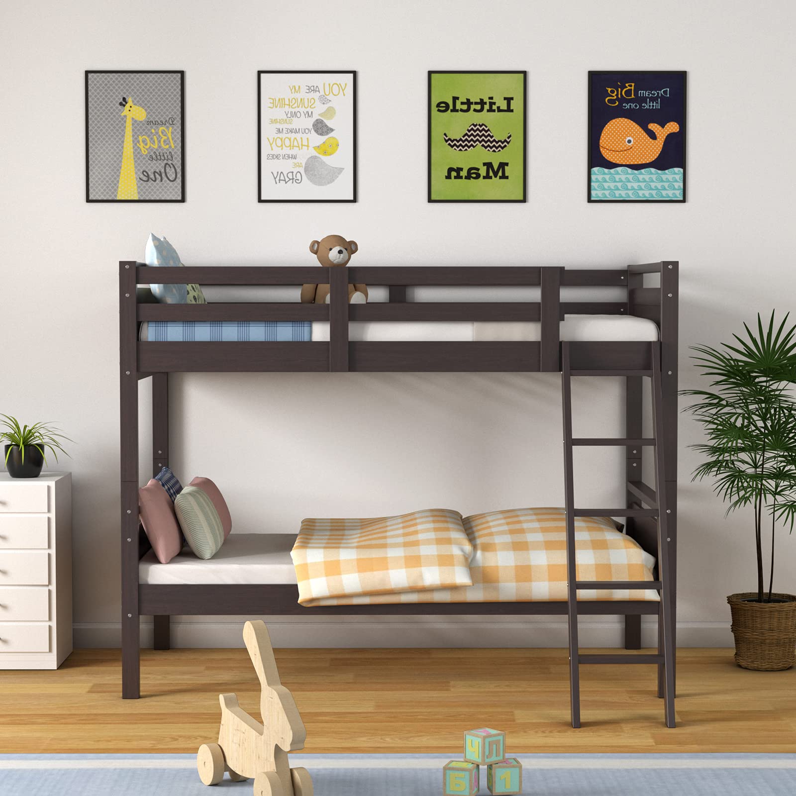 Giantex Twin Over Twin Bunk Bed, Solid Wood Twin Bunk Bed Convertible Into Two Individual Beds, Kids Twin Bunk Bed w/Ladder & Guard Rail for Boys Girls (Espresso)