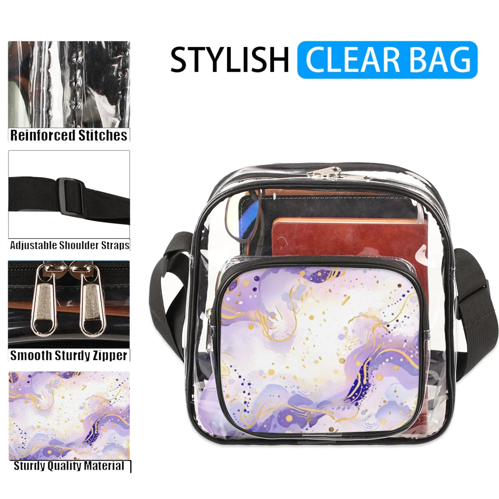 Clear Crossbody Bag Stadium Approved Abstract Art Transparent Bag for Festivals, Sports Events, Concerts,Beach Bag for Women Men Luxury Clear Purse with Front Pocket Messenger Bag