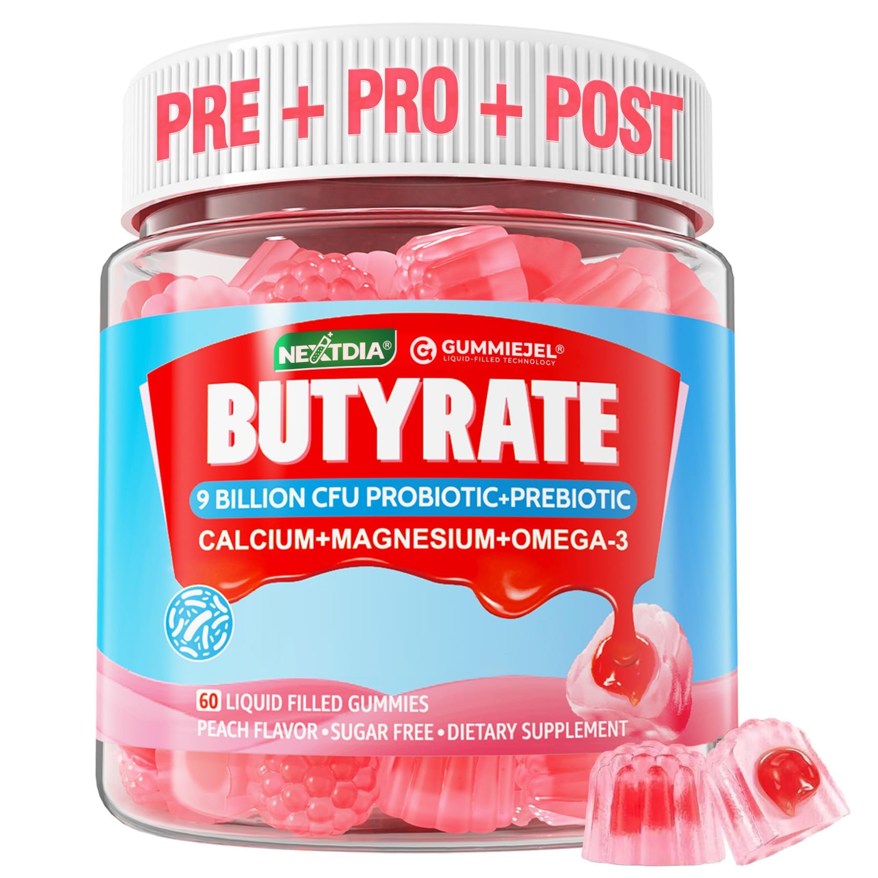 Butyrate Gummies with Probiotic + Prebiotic + Postbiotic, Omega-3 500mg,Fiber with 9 Billion CFU Probiotics, Calcium & Magnesium, Inulin,Psyllium Husk for Digestive Health,Bloating Support,Sugar Free 60 Count (Pack of 1)