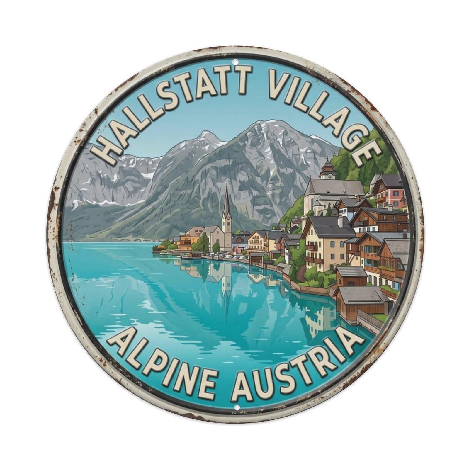Hallstatt Village Alpine Austria Lakeside Metal Tin Sign Plaque Wall Decor for Cafe, Club Bar, Office, Home Garden Round Metal Poster 8x8Inch