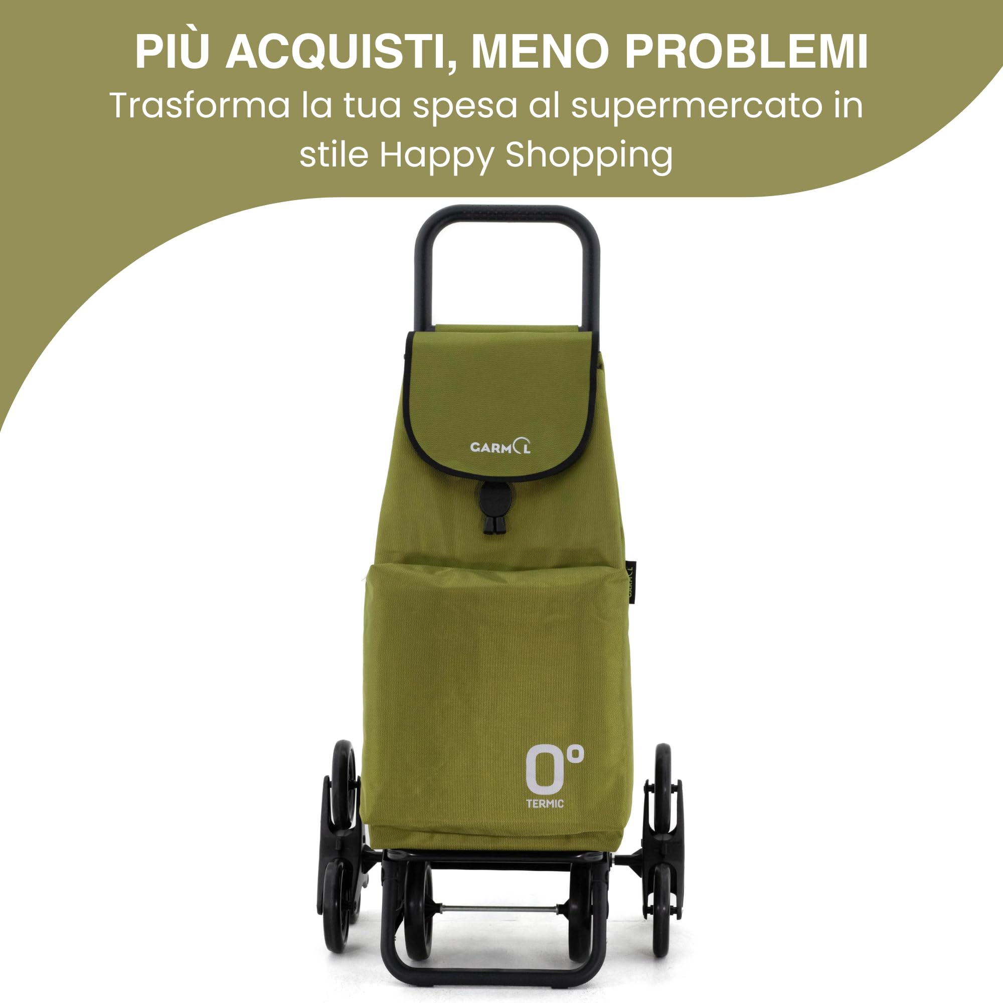 GARMOL Carrello per la spesa termico pieghevole da 55 litri | Tasca termica interna da 11 litri | Carrello della spesa 8 ruote scalate di grande capacità | Carrello pieghevole colore verde avocado