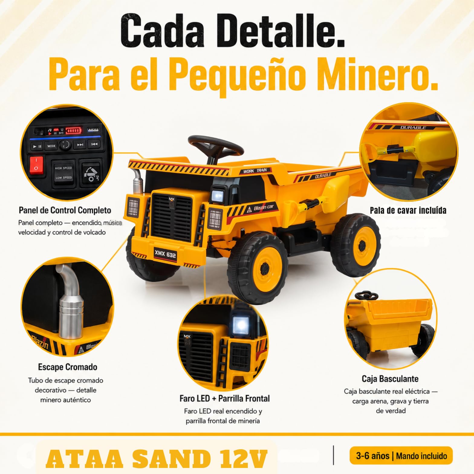 Camión Volquete Eléctrico Infantil 12V ATAA Sand con Mando Remoto | Amarillo – Música, Bluetooth y luces LED