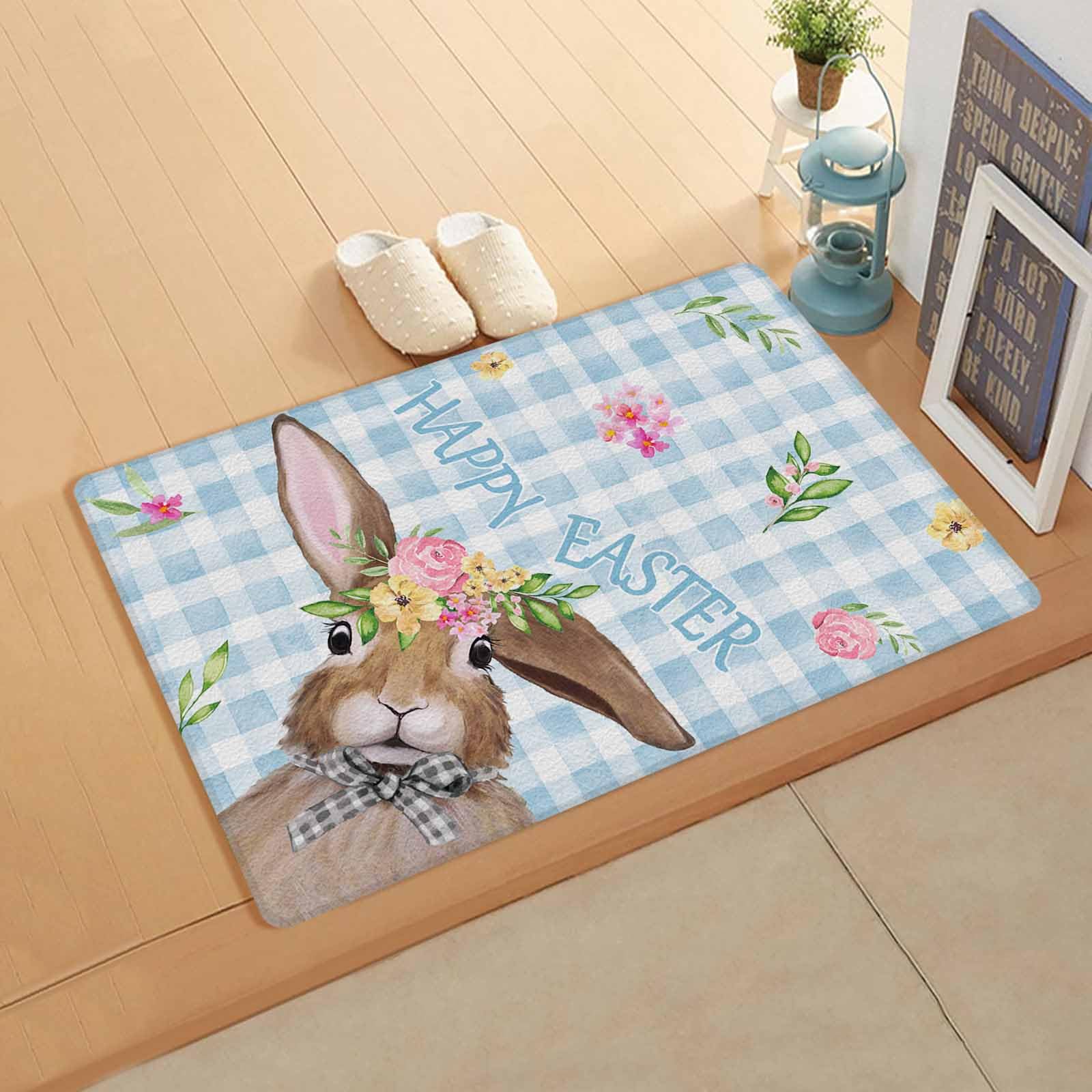Blue Easter Plaid Kitchen Bath Door Mat Cushioned Runner Rug,Washable Welcome Floor Sink Antifatigue Mat,Waterproof & Non-Slip Comfort Standing Doormat,Easter Rabbits Spring Bunny Flowers 24