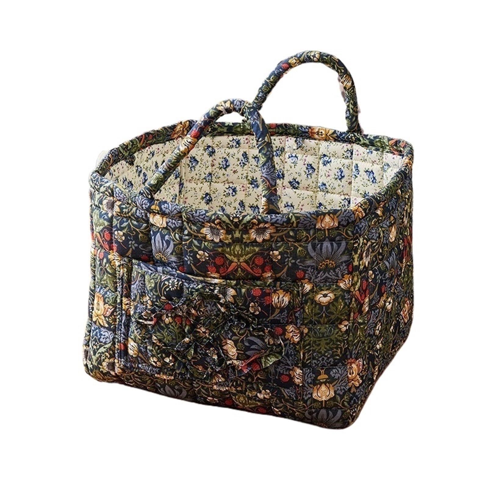 SUBLXPoten Foldable Floral Organizer Bin Floral Fabric Storage Bins with Handles, Folding Desktop Basket, Multi-Compartment Organizer for Clothes, Underwear & Decor