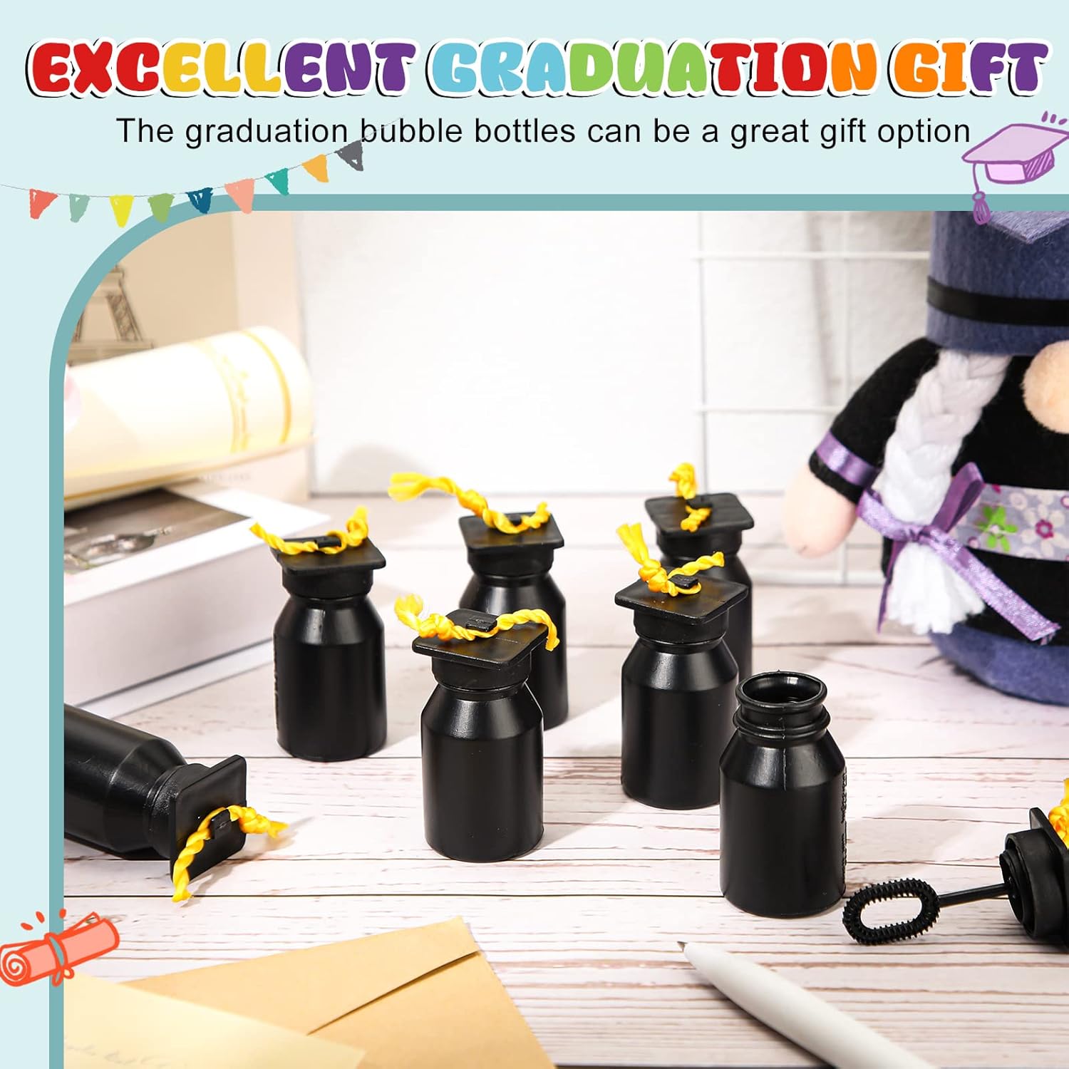 Tanlade Mini Black Bubble Bottles Empty Graduation Bubble Bottles with Grad Cap Wand Toppers Gold Tassel Plastic Grad Party Favors Congratulate Graduation Party Supplies No Liquid(24 Pcs)